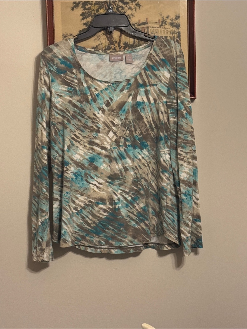 Chico's Teal, Gray & White Abstract-Print Long Sleeve Scoop Top